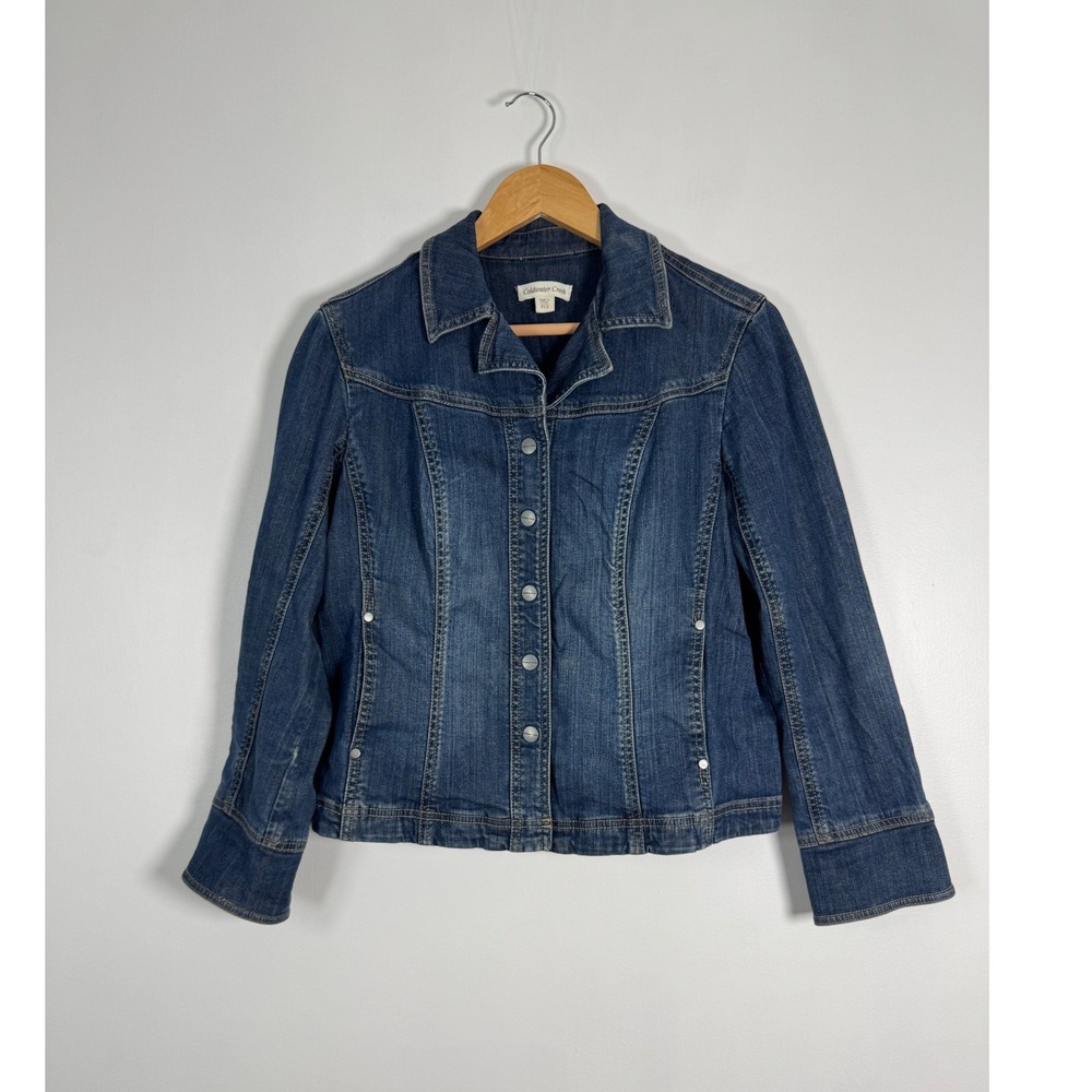 Classic Coldwater Creek Womens P14 Denim Jacket Indigo Blue Stretch Seamed